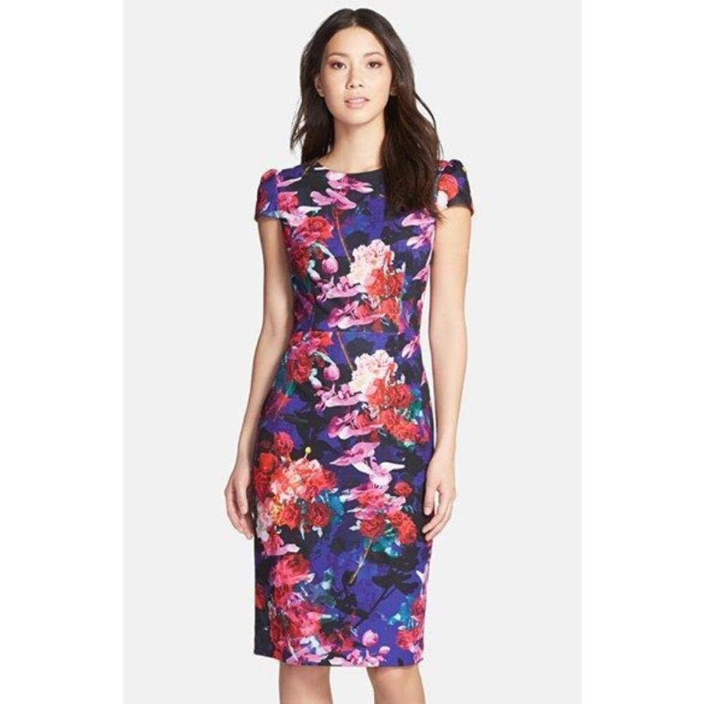 Betsey Johnson Floral print cap sleeve sheath dress Women's size 4 blue pink